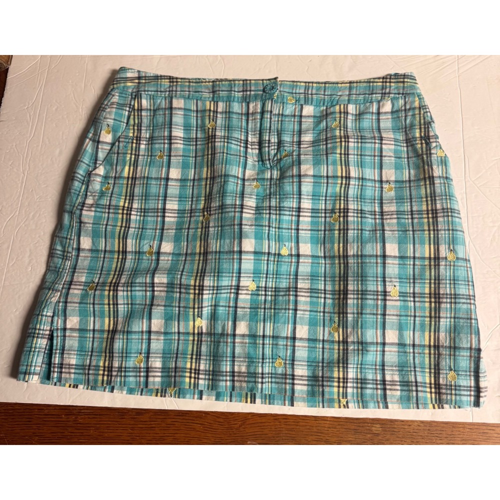 Izod Golf Skort Womens 8 Turquoise Blue Plaid Embroidered Pear Cotton Mini Skirt